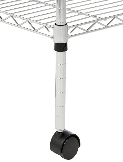 Heavy Duty Five Shelf Chrome Wire Storage Cart With Dual Swivel Casters For Garage Or Office Zero Drama Setup Fully Adjustable Heights shown from below, showcasing chrome pole and black wheel.