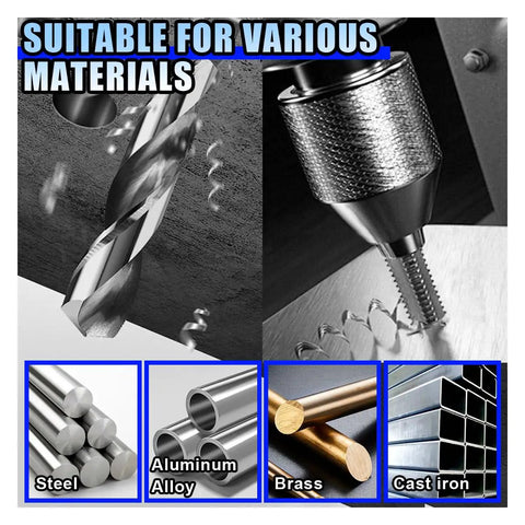 Heavy Duty M8 Thread Repair Kit With 30 Pieces Helicoil Set M8 By 1.25 Includes Insertion Tool Drill Bit Lug Breaker Tool M8 Tap Wrench Replacement Inserts For Stripped Threads In Automotive And Metalwork suitable for various materials like steel, aluminum, brass, and cast iron, depicting a drill bit and tap in action.