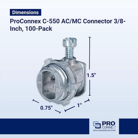 ProConnex C-550 AC/MC Connector 3/8 Inch Gray with dimensions and tri combo screw for 1/2 inch knockout, 100 pack