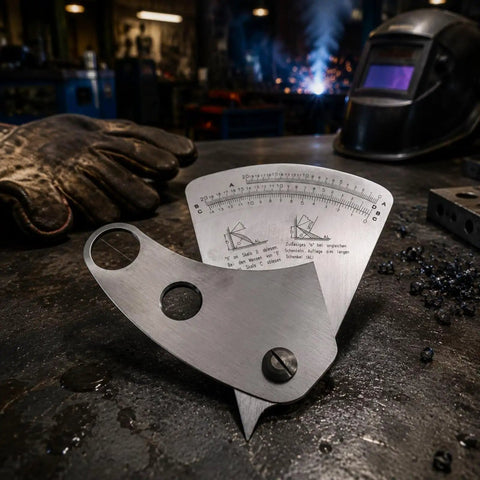 Stainless Steel Weld Gauge With Inch Scale For Fabrication And Weld Setup Rust Resistant Workshop Tool For Welders Metalworkers Factories And Industrial Jobs on a workshop table.