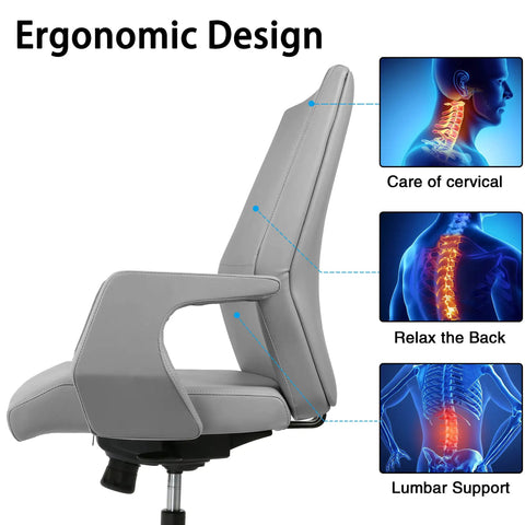 Kick Back All Day With This Legit Ergonomic Executive Office Chair Featuring Smooth Adjustable Reclining Lock Tilt Water Resistant Faux Leather Cushion Sturdy Aluminum Pedestal Base And Silent Rolling Wheels For Your Prime Home Office Setup In Cool Grey with ergonomic backrest and lumbar support.