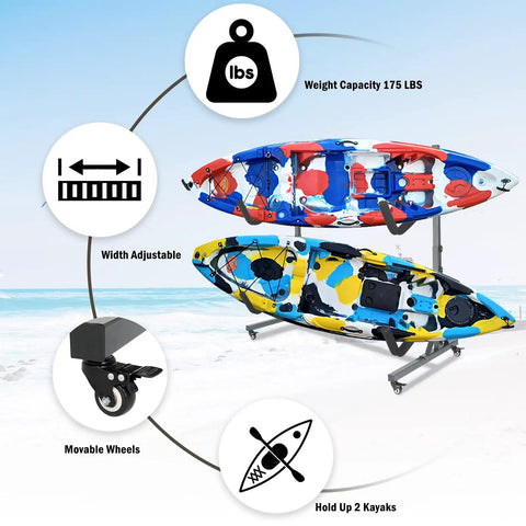 Heavy Duty Kayak Stand And Dual Storage Rack With Rolling Lockable Wheels Hella Durable Steel Adjustable Boat Holders For Garages Sheds And Sup Paddleboards, holds 2 kayaks, width adjustable, 175 lbs capacity.