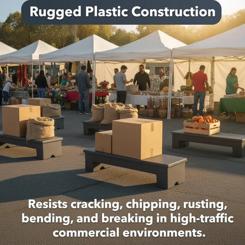 Built Tough Heavy Duty Plastic Dunnage Rack Rock Solid 36 X 12 X 8 Inches displayed at a market with cargo boxes.