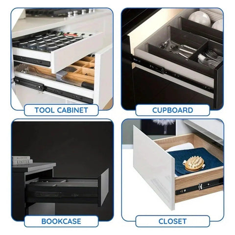 Top Shelf Full Extension Bottom Mounted Drawer Slides in tool cabinet, cupboard, bookcase, and closet settings.