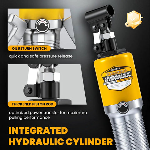 Close-up of the integrated hydraulic cylinder featuring oil return switch and thickened piston rod from Beefy 20 Ton Hydraulic Gear Puller Kit With 3 Jaw Puller, Vertical And Horizontal Pulling, Wheel Bearing Separator, Heavy Duty Auto Repair Tool Set In Durable Case.