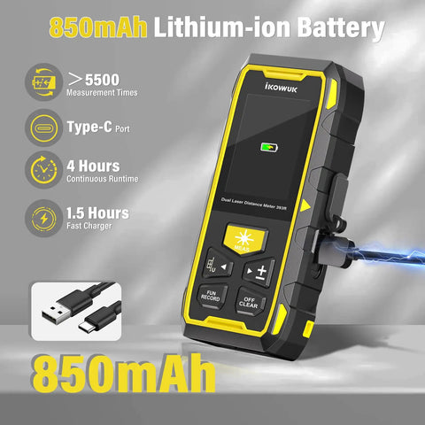 Dual Laser Measuring Tool With Green Bilateral Laser, 393ft Range, Rechargeable Digital Laser Measure, Backlit LCD Display, Angle Sensor, Six Unit Modes, Multiple Measurement Functions For Fast, Accurate Distances, 850mAh battery and Type-C port