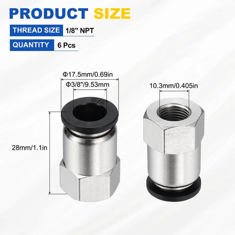 Six Pack Push To Connect Pneumatic Fittings 3/8 Inch Tube 1/8 NPT Nickel Plated Brass Straight Female Quick Connects For Air Lines