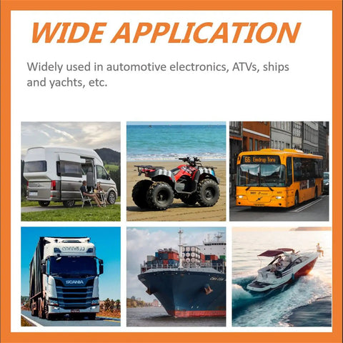 Vehicles including camper, ATV, city bus, truck, cargo ship, and yacht illustrating wide application of Mega Fuse Holder for automotive use.
