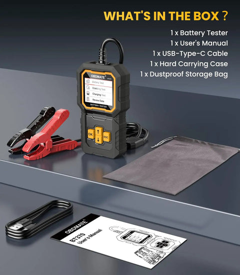 Top Shelf Plug And Play Car Battery Tester For 12V And 24V Vehicles With Heavy Duty Cca Scanning, accessories included.