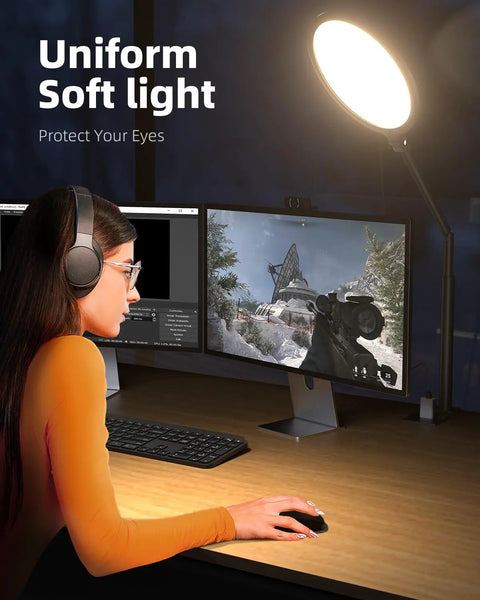 Woman gaming with 10.2 Inch Ring Light With Stand For Desk Setup 360 Degree Rotating Arm C Clamp Mount Flexible Height