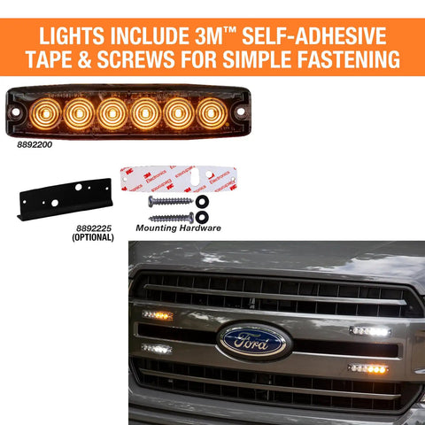 Five Inch Amber Ultra Thin Led Strobe Warning Light Featuring 23 High Visibility Flash Patterns And Low Profile Surface Mount with mounting hardware.