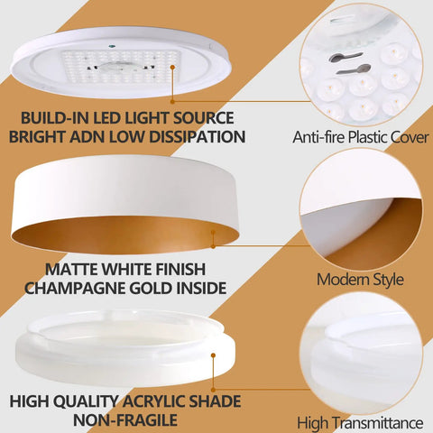 Diagram showing features of Dope 16.5 Inch Dimmable LED Flush Mount Ceiling Light Matte White With Gold Interior 3000K Warm White 30W Modern Fixture