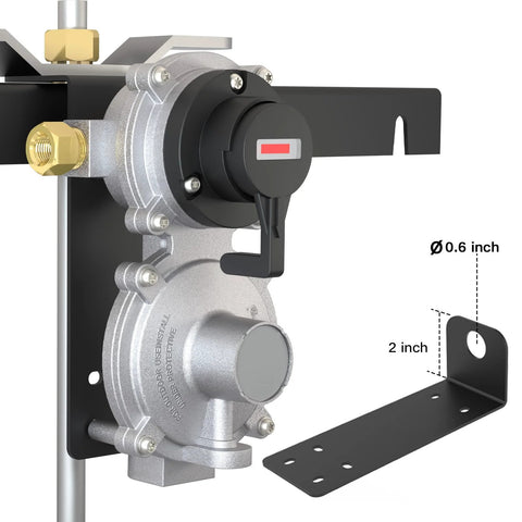 2-stage automatic changeover propane gas regulator for RV, mounted on a metal bracket with black mounting plate