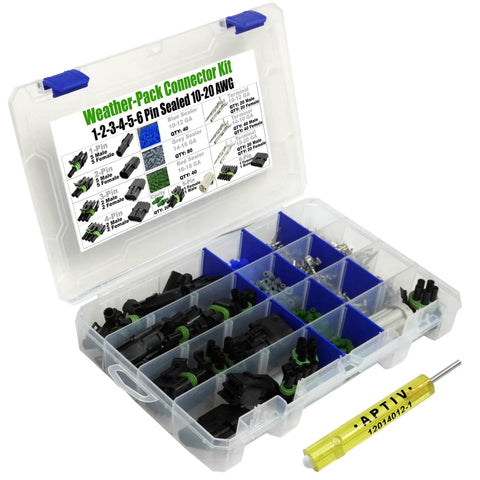 Total Beast 373 Pieces Weather Pack Auto Wiring Connector Kit With Male Female Terminals Fit 10 To 20 AWG Wires 1 To 6 Circuits Includes Removal Tool And Sealer Housing Sweet For Quick Disconnect Splice Jobs On Your Rig Or Boat, open case