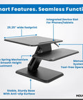 Compact 25 Inch Standing Desk Converter Sit Stand Desk Riser With Gas Spring Lift For Laptop Monitor And Keyboard Adjustable Height Desktop Riser For Small Home Office Dorm In A Tiny Space showcasing features like anti-slip surface and device slot