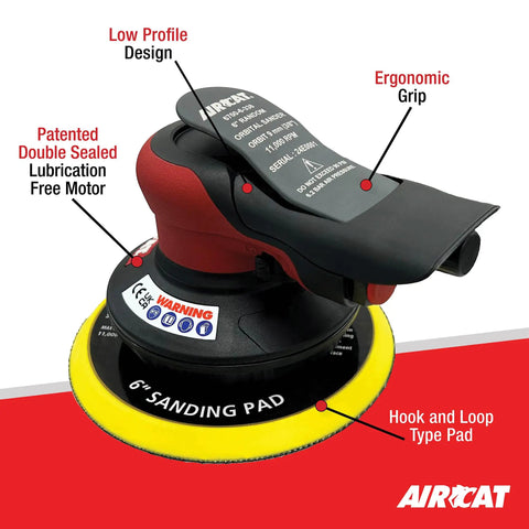 Heavy Duty 6 Inch Pneumatic Palm Sander 3/8 Orbit 11000 Rpm With Hook And Loop Pad Sealed Lubrication Free Motor Anti Vibration Grip close-up view.