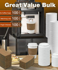 Leak-Proof 12 Oz Coffee Cups With Lids And Sleeves, 100 Pack, displayed with coffee machine and stacks of cups