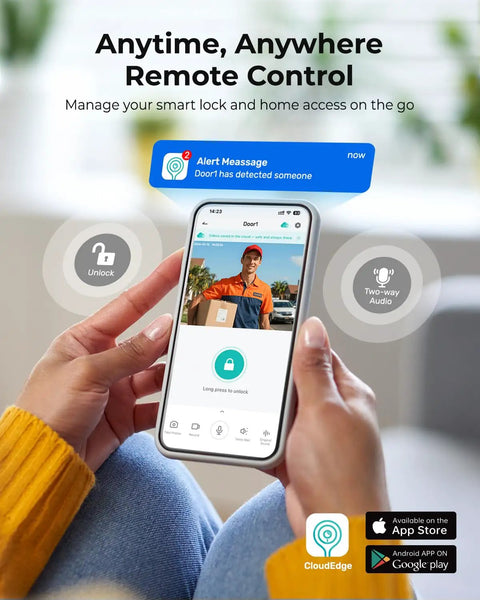 User managing the Heavy Duty Fingerprint Smart Door Lock With Built In Wifi Camera via a phone app featuring video and audio controls.