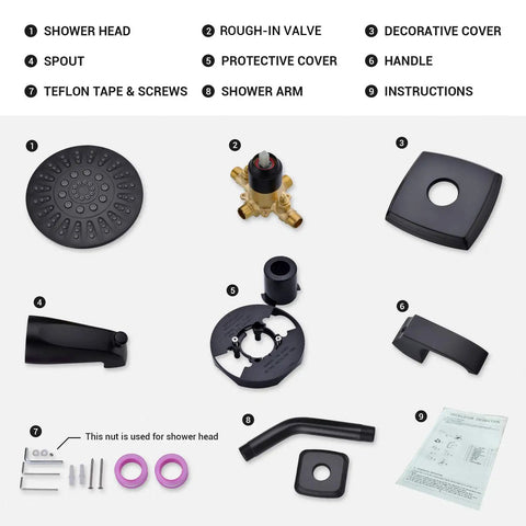 Dope Matte Black Tub Shower System components with five spray rain shower head, spout, pressure balance valve, and instructions.