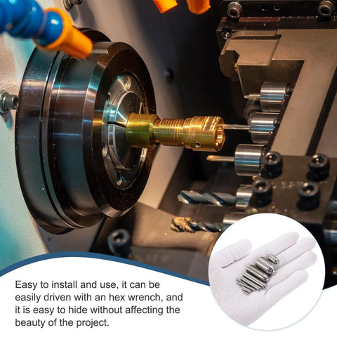 Machinery using Silver Ball Point Set Screws M2.5x6mm in 304 Stainless Steel with hex socket, inset showing screws held by gloved hand.