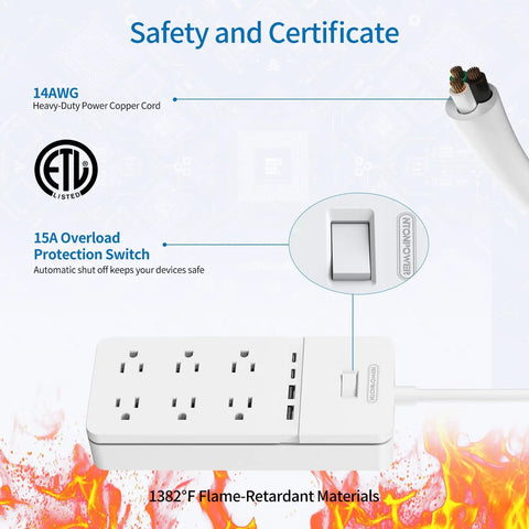 Two Prong To Six Outlet Power Strip With Ten Foot Extension Cord 2100J Surge Protector 1875W safety features highlighted