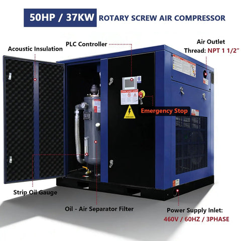 Heavy Duty 50 HP Rotary Screw Air Compressor Pump With Massive 219 CFM Flow Rate And 125 PSI Max Pressure Runs On 460 Volt 3 Phase 60Hz Motor, showing control panel and air separator.