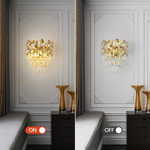 Luxury Gold Wall Sconce With Crystal K9 Accent For Living Room Bedroom Bathroom Hallway Modern Gold Wall Light Fixture With Stainless Steel Frame And Clear Gray Crystals Lit Ambient Vibe, showing on and off modes on a paneled wall.