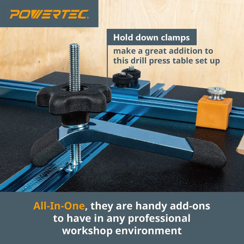 Close-up of a hold down clamp on the 16 Inch By 24 Inch Drill Press Table Setup Kit With Pro Grade Fence and aluminum rails