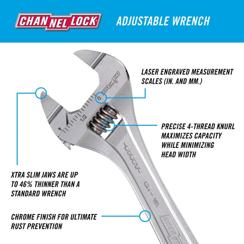 Six Inches Extra Slim Jaw Adjustable Wrench Engineered For Tight Shuts With Snag Free Clearance And Laser Engraved Scales close-up view, displaying measurement scales and chrome finish.