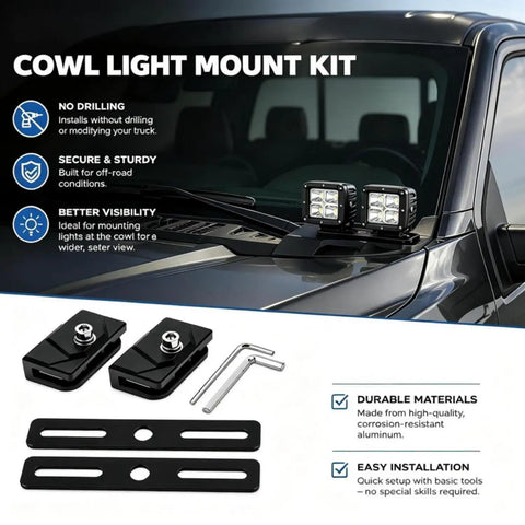 No Drill Clamp On Hood Mount LED Light Bar Brackets for a pillar ditch lights on truck showing kit components