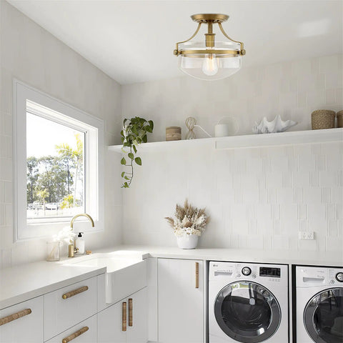 Zurich 12 Inch Rustic Semi Flush Mount Ceiling Light With Glass Shade And Oil Rubbed Bronze Finish in modern white laundry room.