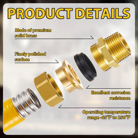 Exploded view of 16 Pack 1/2 Inch NPT Brass Pipe Fittings Kit With CSST Male Threads showing components and material details.