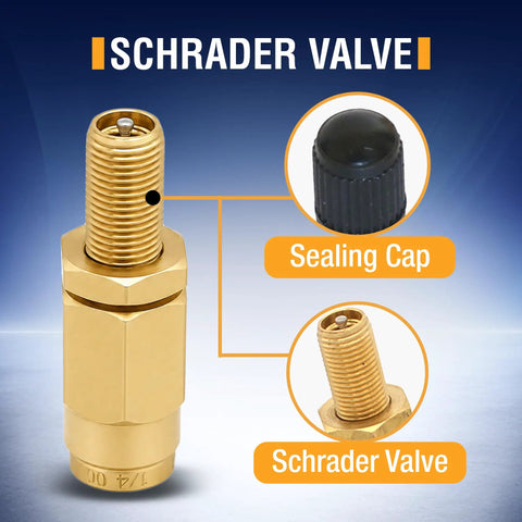 Twin Pack Schrader Valve for One Quarter Inch Air Line Tubing with Push To Connect PTC 200 PSI DOT Approved Air Inflation Valve brass with sealing cap