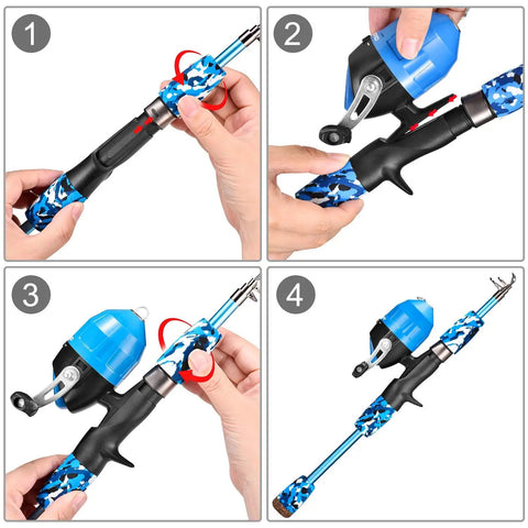Hands assembling Best Value All In One Kids Fishing Pole Starter Kit With Tackle Box Reel Practice Plug And Beginner Guide Plus Travel Bag
