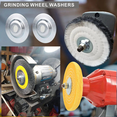 Precision Steel Bench Grinder Arbor Flange And Spacing Washer Set For Grinding Wheels Polishing Pads And Quick Workshop Upgrades Authentic American Hardware Value. Image shows steel washers and a bench grinder in action.
