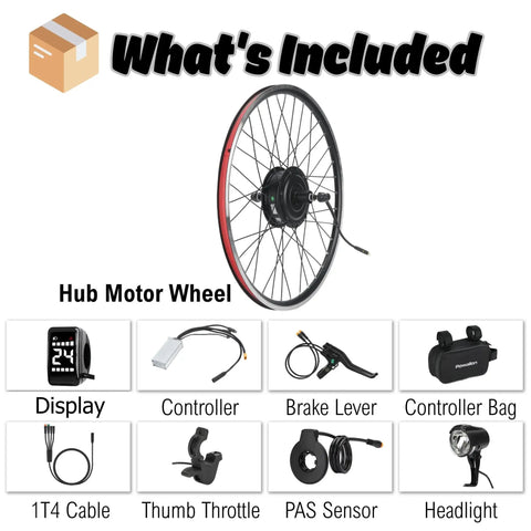 Components of 48V 500W Electric Hub Motor Kit for Bicycles with wheel, display, controller, brake lever, controller bag, and more
