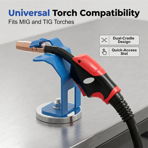 Heavy-Duty Welding Holder With Strong Magnetic Base For Secure Torch Stand and Hands-Free MIG Holder Support on Steel Surfaces for Shop Workshop Projects, showing blue cradle holding MIG torch.