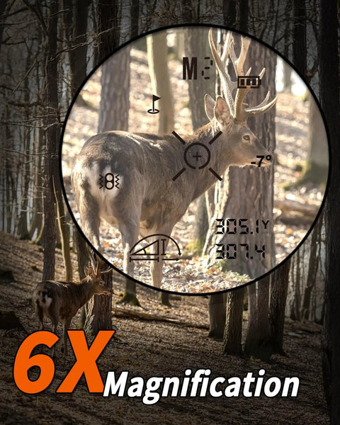 Dope Hunting Laser Rangefinder Crafted For Real Deal Hunters With A Crisp 1200 Yard Range Four Quick Switch Modes And Sniper Grade Precision Targeting showing 6x magnification on deer.