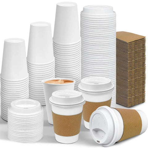 Leak-Proof 12 Oz Coffee Cups With Lids And Sleeves, 100 Pack, Disposable To Go, hot coffee setup with sleeves and lids