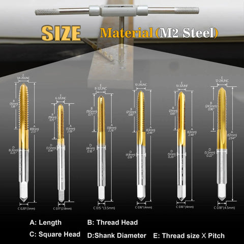 Six Piece SAE Tap Set With Wrench M2 HSS Taps For Six Thirty Two UNC To One Quarter Twenty UNC in titanium-plated finish