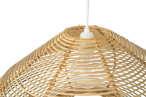 Close-up of Discus Wicker Pendant Lamp With Continuous Weave, Natural Handwoven Ceiling Light, showcasing woven texture and bulb holder.