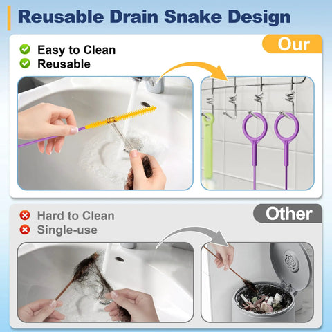 Reusable 35 Inch Drain Snake 5 Pack With Thick Bristle Brush showing easy cleaning and reuse in sink plumbing.