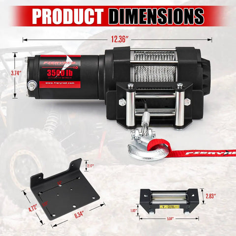 12V 3500LBS ATV UTV Electric Winch With Steel Cable Wireless Remote Roller Fairlead IP67 Waterproof Kit dimensions