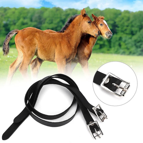 Lengthen Spur Straps Leather With Stainless Steel Buckle 50cm Black for Horse Riding Gear displayed with horses