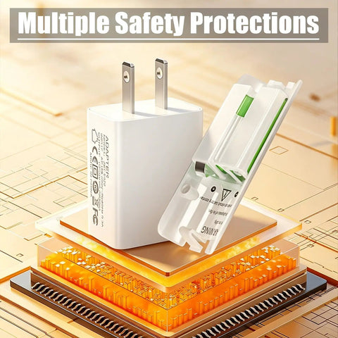 Close-up of a white wall charger with safety protection features highlighted on a digital chip background.