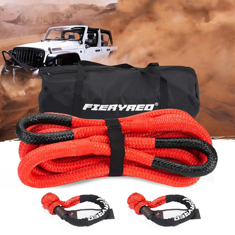 Trail Ready Kinetic Recovery Rope Kit With Two Heavy Duty Synthetic Soft Shackles And Storage Bag, red ropes and black bag.