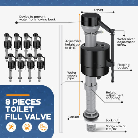 Heavy Duty Eight Count Toilet Fill Valve Replacement Kit Black Adjustable Flushing Tank Refill Stopper Assembly details with labels.