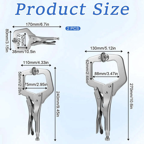 Illustration of 4 Piece Heavy Duty Locking C Clamps Set With Swivel Pads 6 Inch 9 Inch And 11 Inch Vise Grips For Welding Metalworking Woodworking Electricians And Pro Craftsmen showing dimensions.