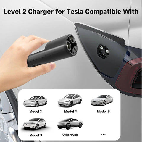 Hand holding Tesla Level 2 EV Charger 32Amp 240V 7.68kW NACS Compatible near a car charging port, compatible with multiple models.