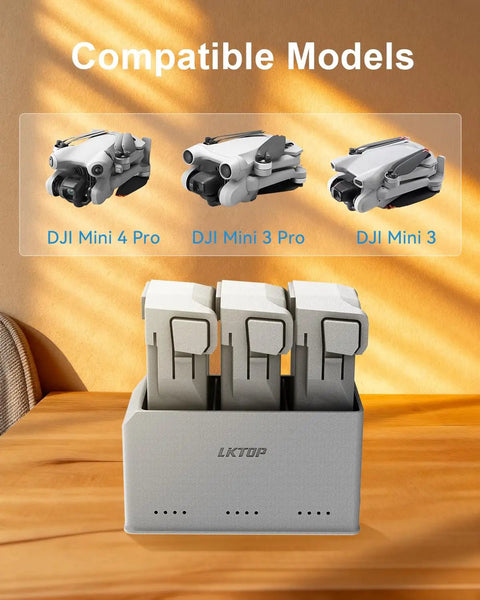 37W Mini Battery Charging Hub Kit For DJI Mini 5 Pro 4 Pro 3 Pro 3 Drones on table with compatible models displayed above
